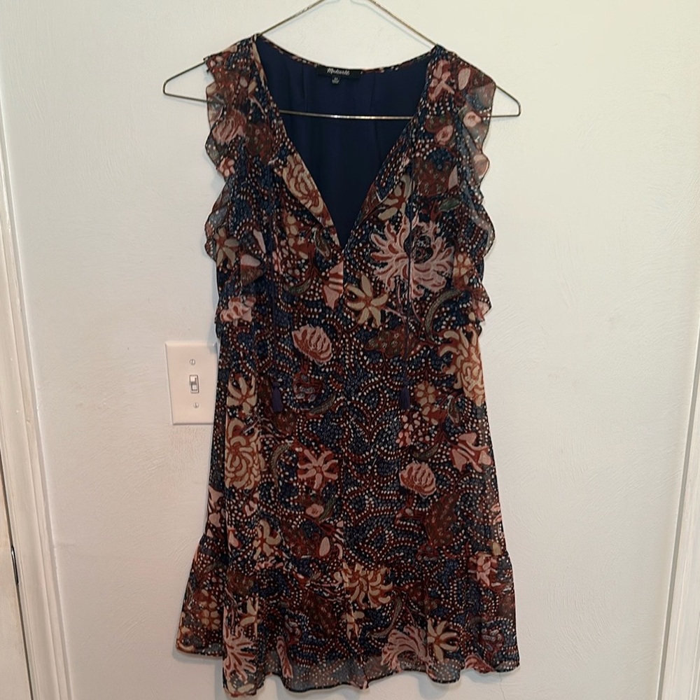 Madewell Flutter sleeve mini dress - brown navy floral XS